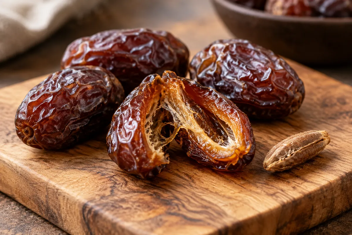 Medjool dates on a board with one stone removed