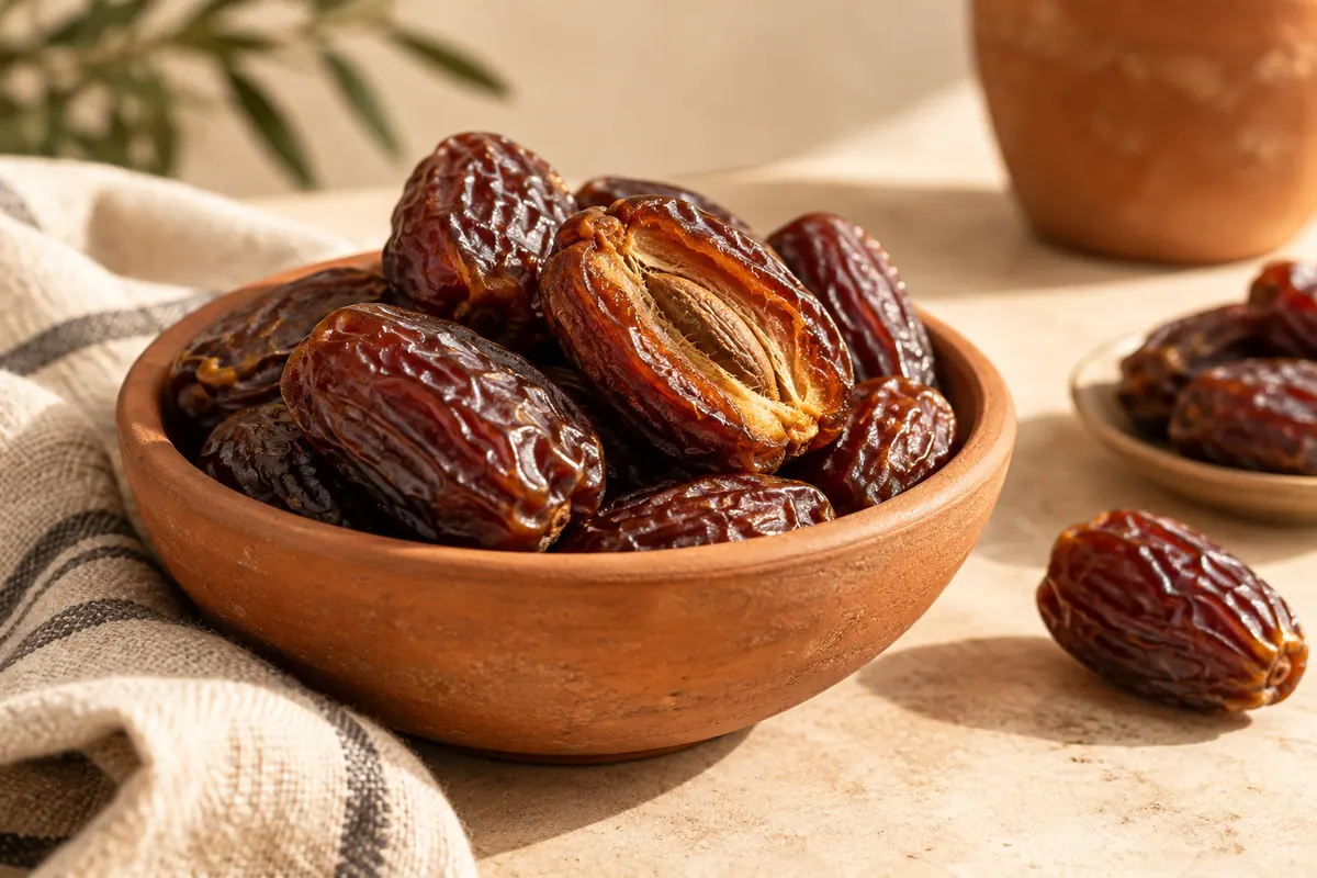 Illustrative Medjool dates in a terracotta bowl